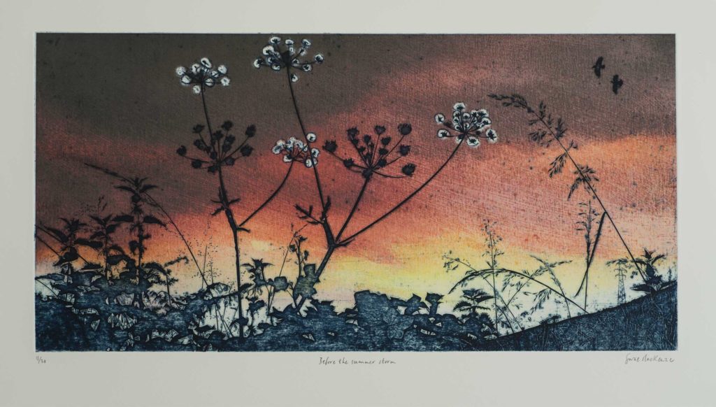 Before the summer storm a Collagraph and chine collé by the Artist Suzie MacKenzie