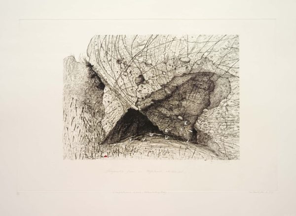 A print by Sue Jane Taylor titled '1/Fragments From a Highland Childhood: Craigiehowe Cave, Munlochy Bay'