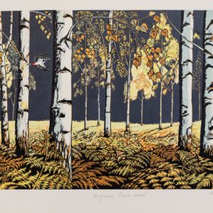 Highland Birchwood a Linocut by the Artist Mary Andrews