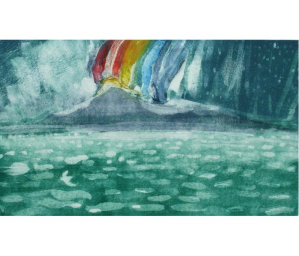 A monoprint by Katy Spong titled 'Rainbow over Balnagowan'
