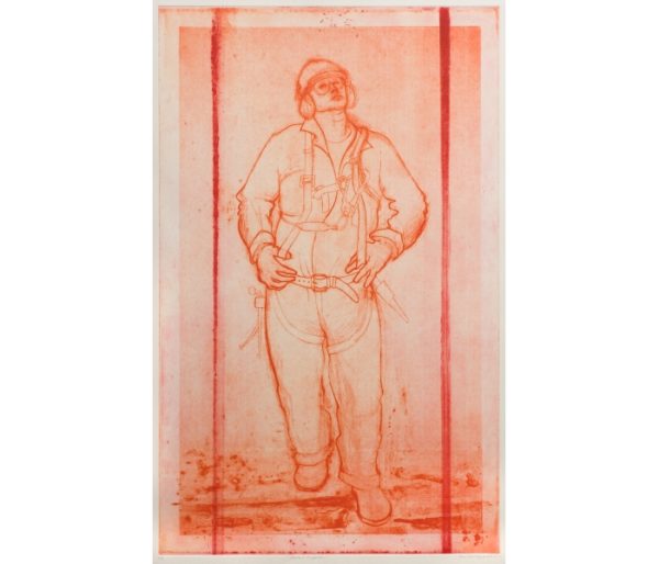A Photopolymer Etching by Sue Jane Taylor titled 'Methil Scaffolder'